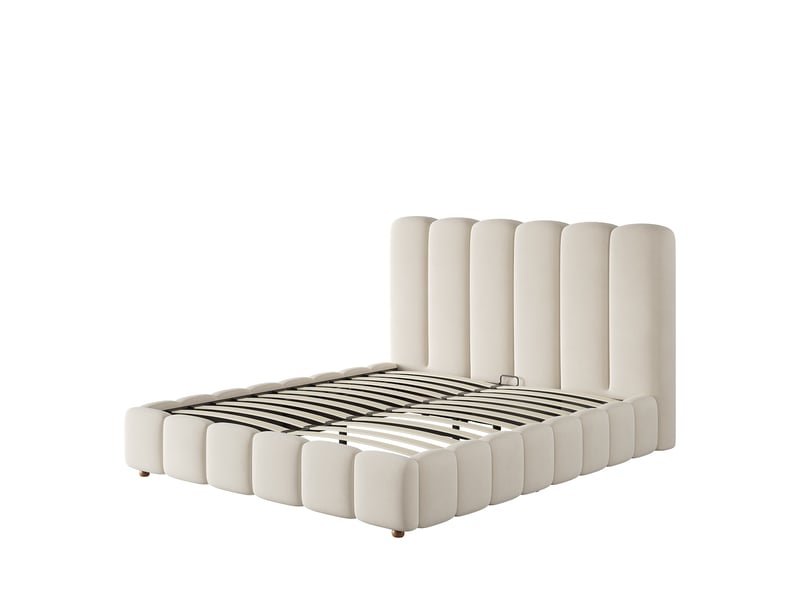 Lit coffre rembourré 140 x 190 cm en velours beige, tête de lit à lignes verticales, sommier à lattes N634U0112B - Conforama A