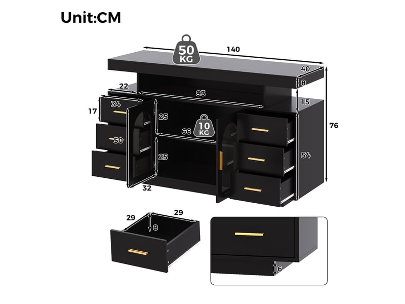  Buffet bar 140x40x82 cm noir en mdf, led, 6 tiroirs, 2 portes vitrées et rangement pour verres  - Conforama C