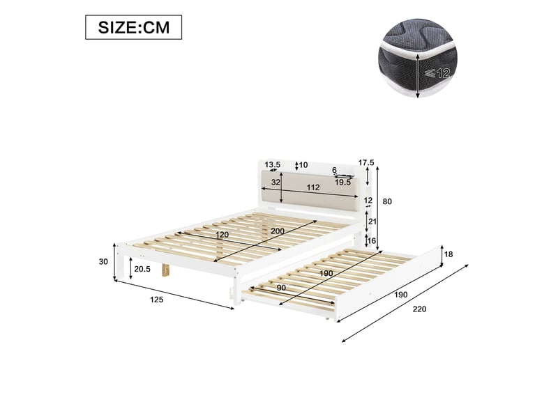 Lit gigogne 120x200 cm blanc en bois, lit 2 en 1 avec couchage 90x190 réversible, tête rembourrée, étagères et station de charge - Conforama C