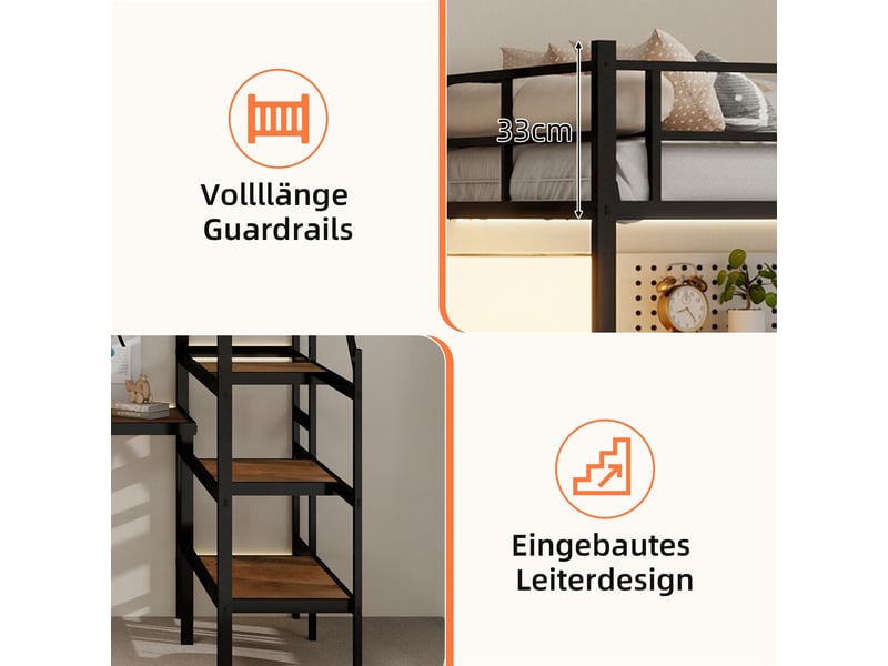  Lit mezzanine 100x200, robuste avec bureau, garde-corps sécurité renforcée, escalier rangements  - Conforama D