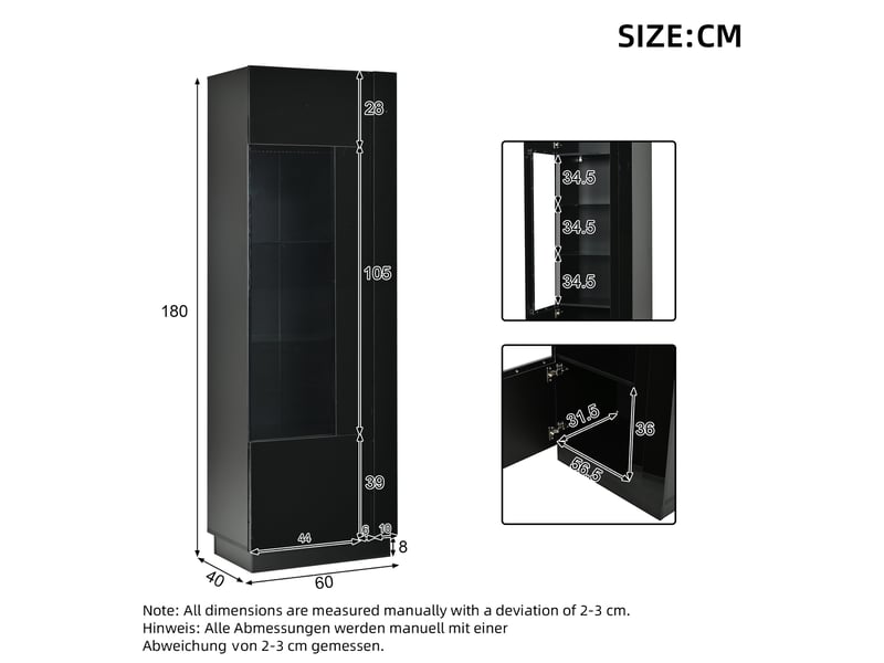 Vitrine haute 60x40x180 cm noire avec led et porte en acrylique  - Conforama C