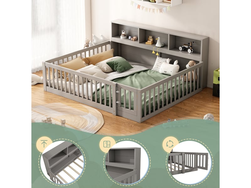  Lit de jour canapé-lit, 140 × 200 cm, gris, bois de pin, rangement intégré, sommier à lattes, sans matelas, garde-corps  - Conforama D