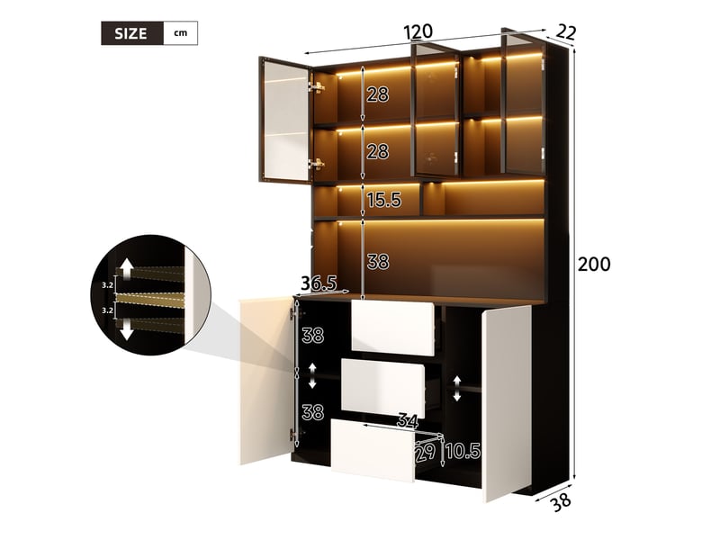  Vitrine 120x38x200 cm avec led, 4 portes et 3 tiroirs noir et blanc  - Conforama C