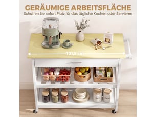 Desserte de cuisine à roulettes, îlot central cuisine avec plan de travail, tiroir, étagères, blanc, porte-serviettes