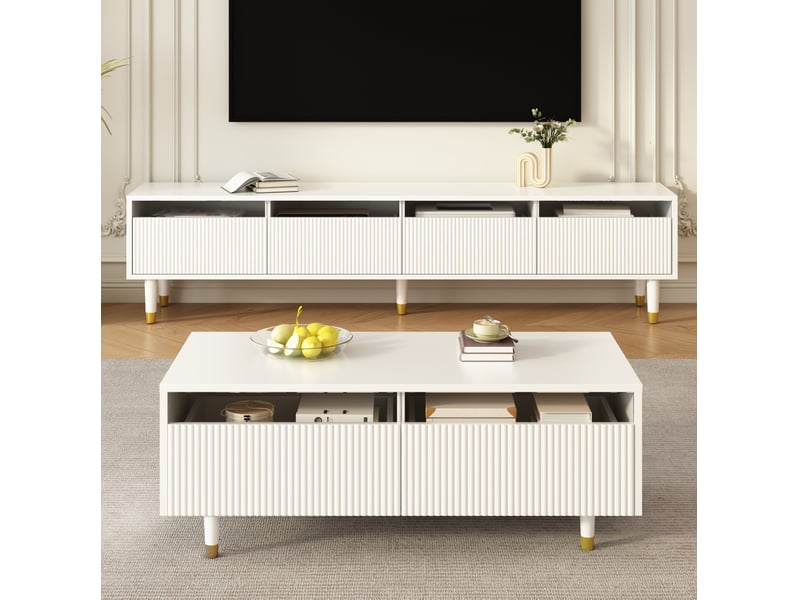  Ensemble meuble tv 4 portes et table basse 2 tiroirs led – blanc et doré – 178 cm  - Conforama C