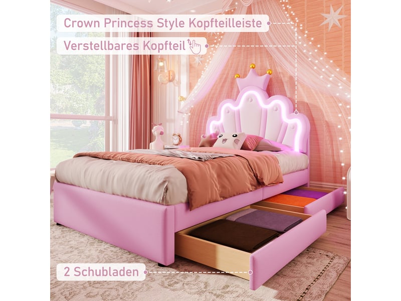  Lit enfant 90x200 cm avec led, tiroirs, sommier et tête réglable, lit princesse, pu rose, sans matelas  - Conforama D