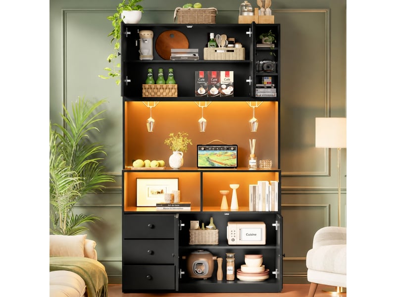 Armoire de cuisine haute avec vitrine, éclairage led rgb et prises usb, 100 x 40 x 180 cm, noir - Conforama B