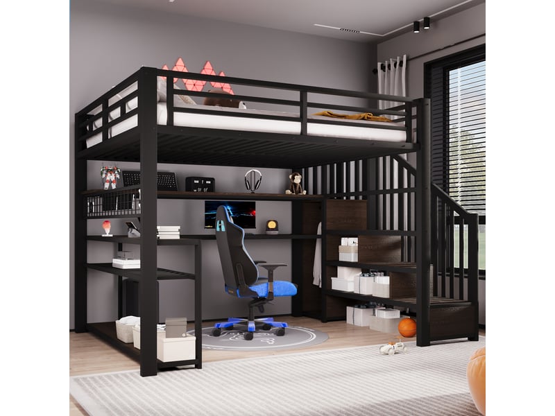  Lit surélevé gamer 140x200 cm, éclairage led multicolore, penderie, bureau intégré, espaces de rangement, noir  - Conforama E