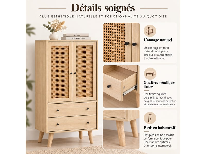  Buffet haut 60x40x120 cm, 2 portes rotin, 2 tiroirs, 4 rangements, pieds bois, effet chêne  - Conforama D