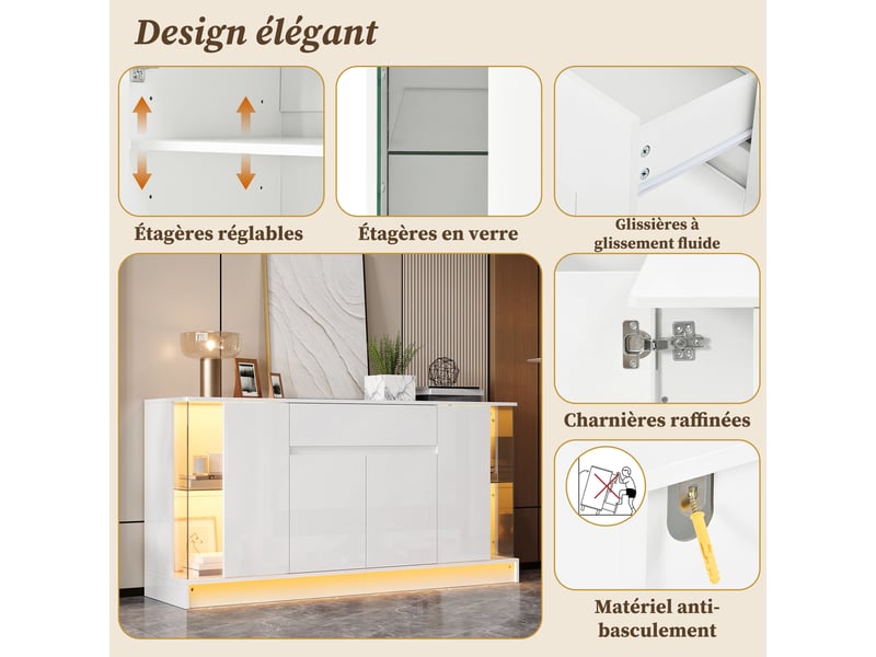  Buffet en panneaux de particules avec 6 portes, 1 tiroir et 2 vitrines led 150×40×75 cm blanc  - Conforama D