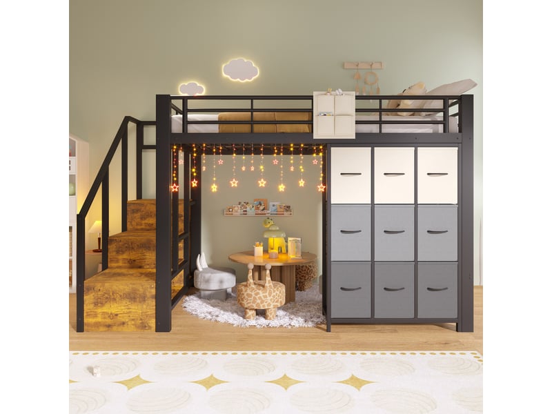 Lit mezzanine 140 × 200 cm 2 places avec tiroirs, penderie et escalier de rangement, sans matelas, noir - Conforama C