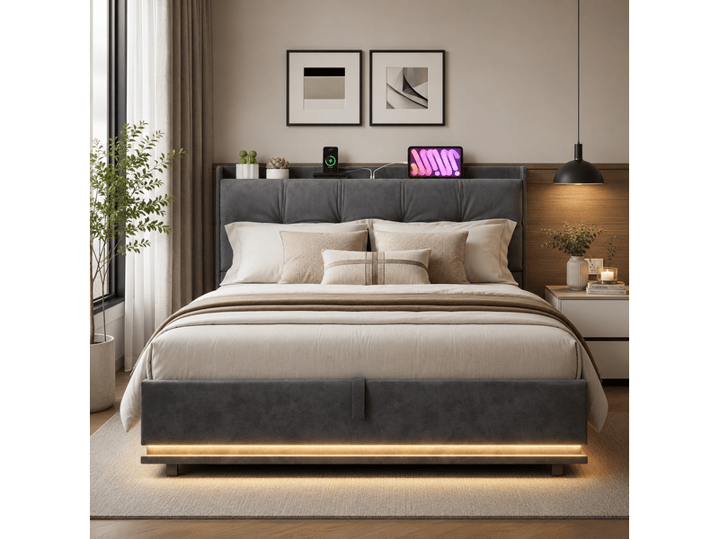  Lit 140x190 avec led et port usb, lit coffre avec tête de lit rembourré et rangement hydraulique, cadre de lit avec sommier à lattes, gris velours  - Conforama C