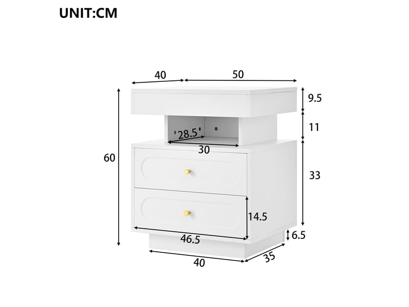  Chevet 50x40x60 cm, 2 tiroirs, led, design élégance, moderne, design simple, rangement, panneau de particules, blanc  - Conforama C