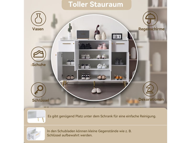  Meuble à chaussures l130xp37xh100 cm, armoire à chaussures 2 tiroirs 4 portes, compartiment ouvert, pieds métal hauts, construction durable, blanc  - Conforama E