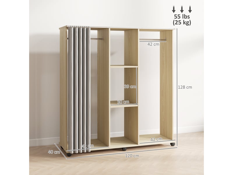  Armoire penderie meuble de rangement mobile 6 roulettes 120l x 40l x 128h cm en bois naturel  - Conforama C
