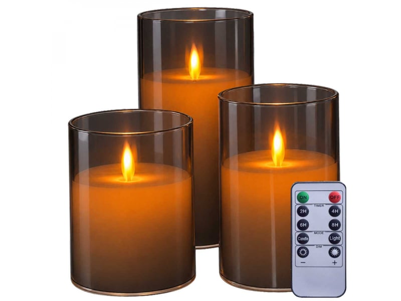 Lot de 3 bougies à led, flamme vacillante, luminosité réglable - minuterie 2, 4, 6, 8h - gris - Conforama A