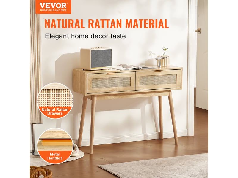  Vevor table console rotin, 2 tiroirs, porte coulissante. 1000x300x745 mm, rangement salon, bureau, entrée.  - Conforama B