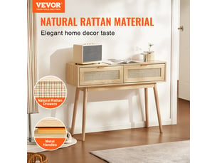 Vevor table console rotin, 2 tiroirs, porte coulissante. 1000x300x745 mm, rangement salon, bureau, entrée.