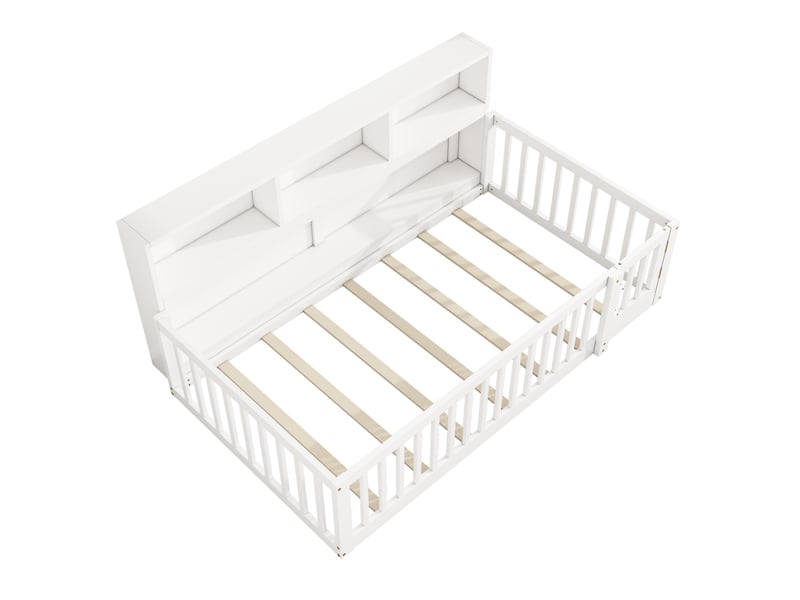 Lit banquette blanc 90x200 cm en pin, rangement latéral et garde-corps - Conforama D