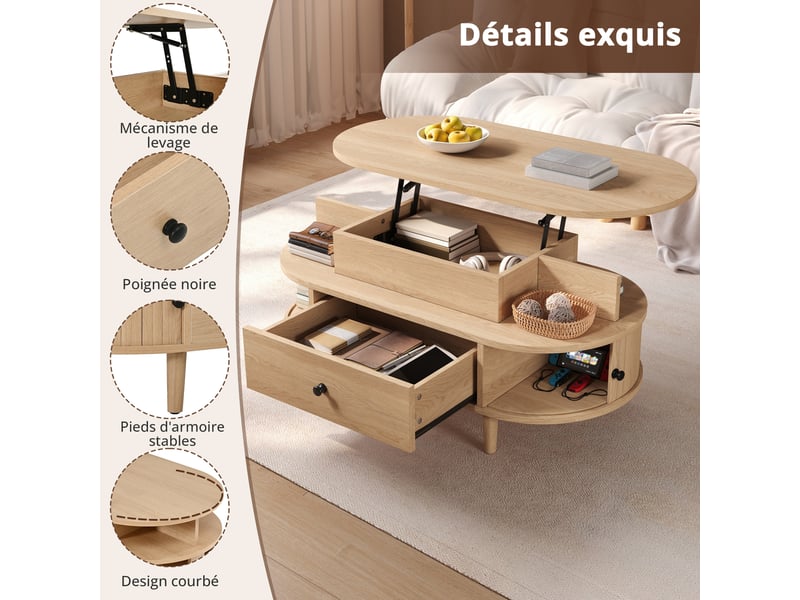  Table basse ovale 105 x 50 x 60,5 cm avec plateau relevable hydraulique, rangement caché, 2 niches, tiroir et portes coulissantes, mdf, naturel OMNIGLINT TRADING LTD - Conforama E