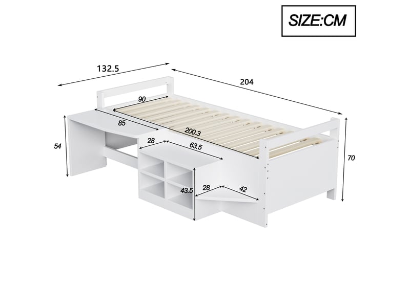  Lit enfant 90x200 cm bureau intégré rangements multiples prises 2 ports usb+secteur marche accès pin blanc sans matelas  - Conforama C