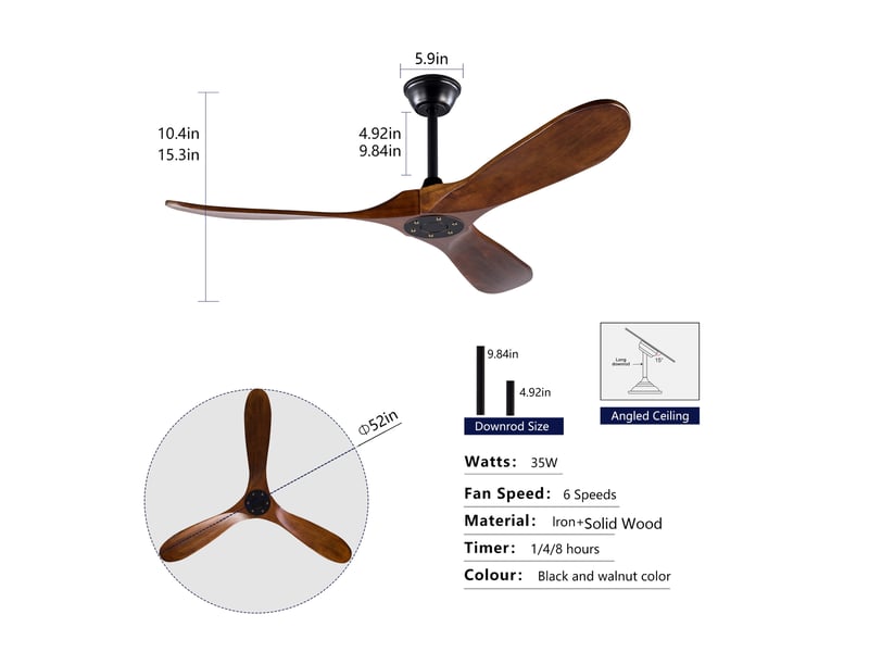  Ventilateur de plafond 132x132x32 cm 3 pales, télécommande, fonction mémoire, moteur dc réversible silencieux, métal bois, noir et noyer foncé  - Conforama E
