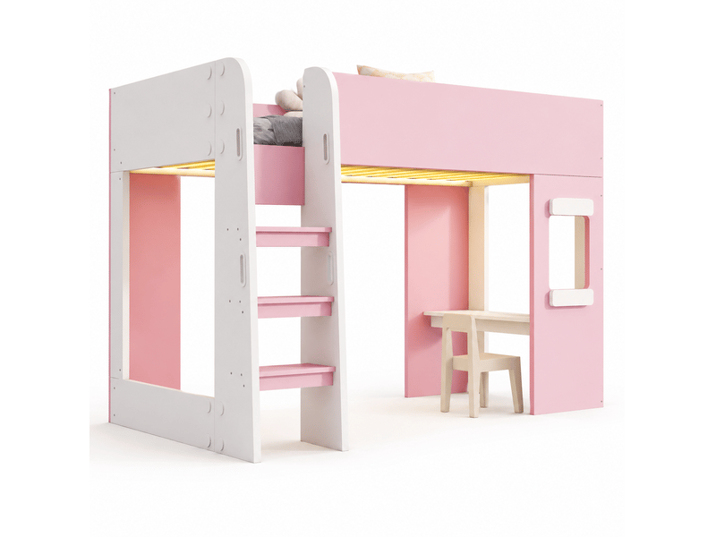 Lit mezzanine modenvie 90 x 200 cm avec bureau, éclairage led, garde-corps et échelle de sécurité rose et blanc - Conforama A