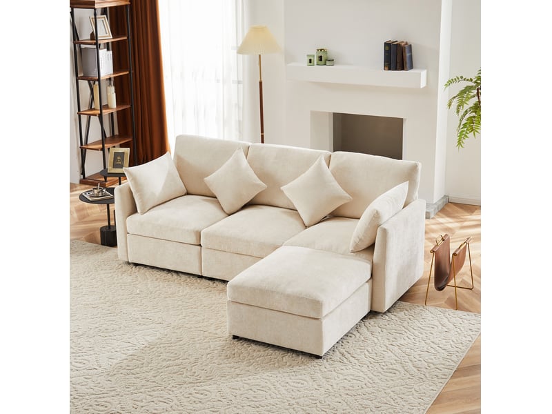 Canapé d’angle modulable 216x161x81 cm, 4 coussins, avec pouf amovible, finition tissu chenille beige - Conforama B
