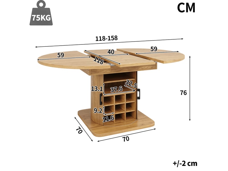  Table à manger extensible avec rangement 118-158 x 118 cm, mdf et métal, marron clair  - Conforama C