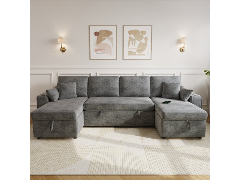  Canapé d'angle u modenvie convertible avec rangement, chenille gris, 4 places, avec porte-gobelets et ports usb  - Conforama B