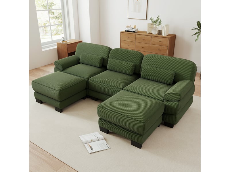  Canapé modulable tcqpz 3 places en u avec 2 poufs 265 x 161 x 94 cm velours côtelé vert  - Conforama E