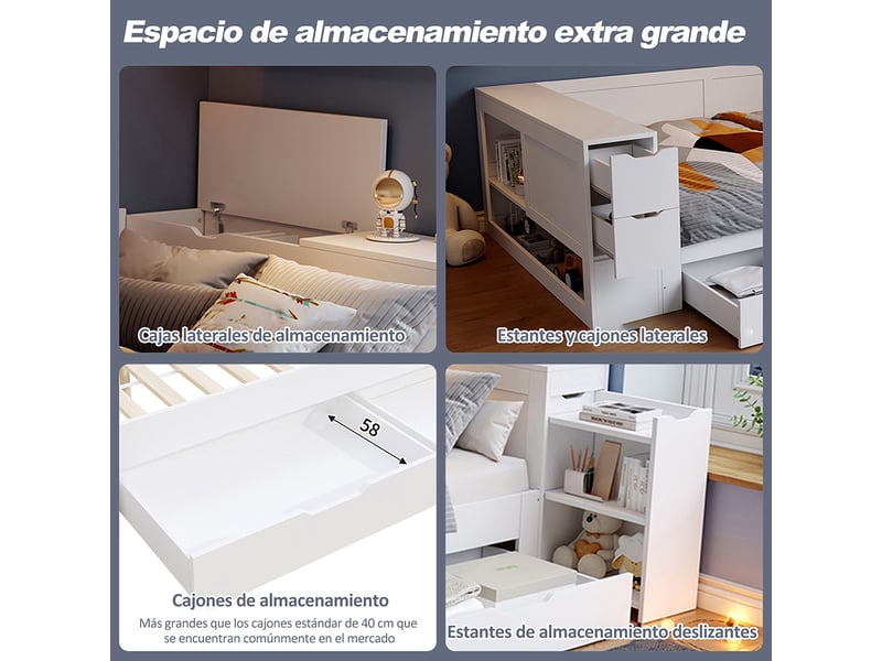  Lit enfant 140x190 cm avec tiroirs, étagères et placards de rangement, tables de chevet, sommier à lattes, structure en mdf, blanc  - Conforama C