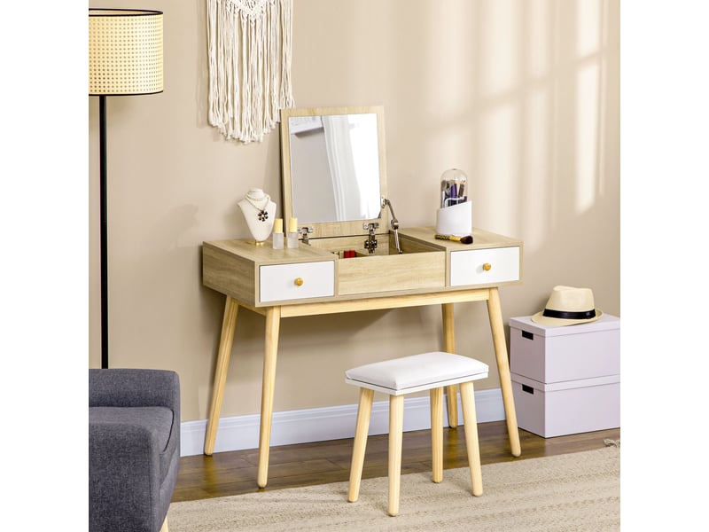  Coiffeuse moderne avec miroir coulissant, rangement pour bijoux, 2 tiroirs et tabouret, couleur bois  - Conforama C