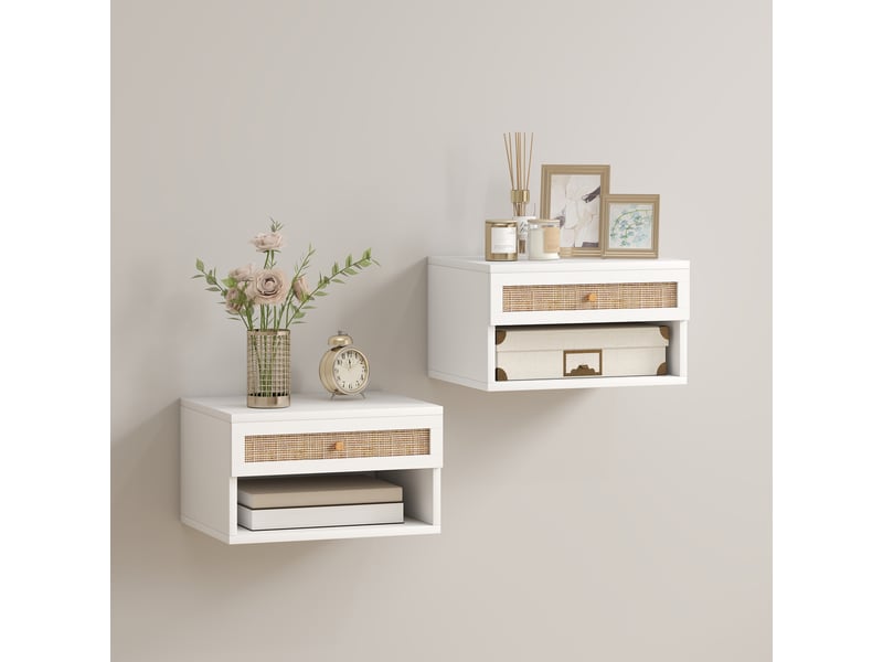  Table de chevet suspendue avec tiroir en rotin et étagère ouverte pour chambre à coucher 40x34x23cm blanc  - Conforama D