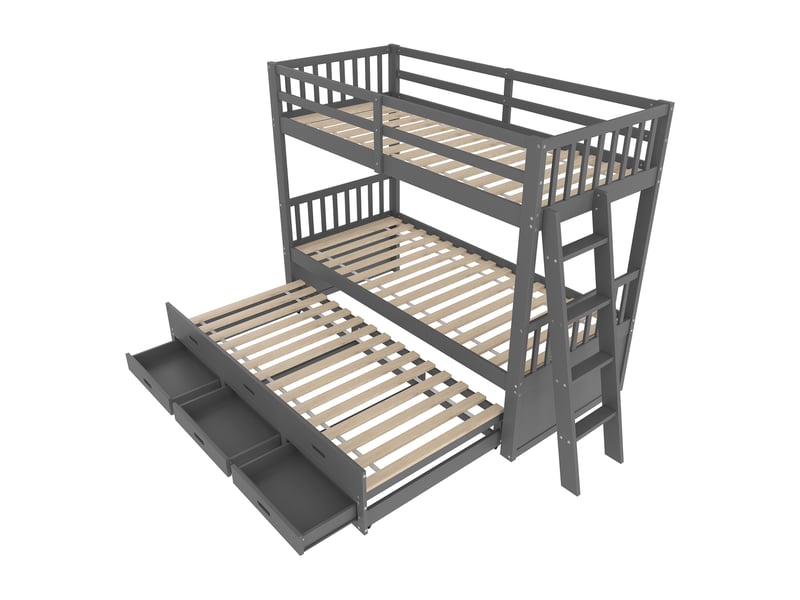 Lit superposé enfant 90x200 cm avec lit gigogne et 3 tiroirs de rangement, lit cabane gris pour fille et garçon en bois massif. - Conforama W