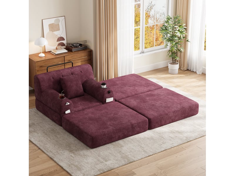  Fauteuil-lit 1 place avec pouf, couchage, 4 poches et 2 porte-gobelets en velours côtelé rouge lie-de-vin  - Conforama B