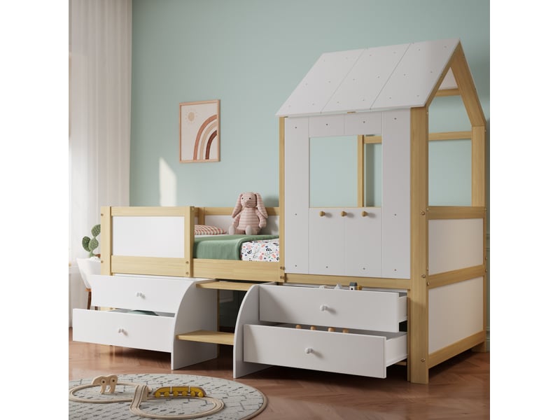  Lit cabane enfant 90x200 cm – blanc et naturel – 4 tiroirs de rangement, escalier 2 marches, sans matelas  - Conforama B