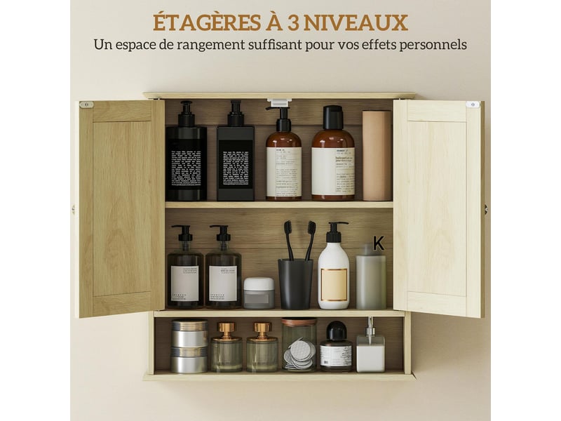  Armoire murale de salle de bain en mdf avec miroir coloris bois naturel 56x13x58 cm  - Conforama D