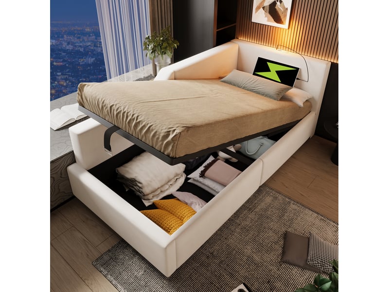  Lit de jour 90x190 cm avec rangement hydraulique, velours beige, liseuse usb-c  - Conforama B