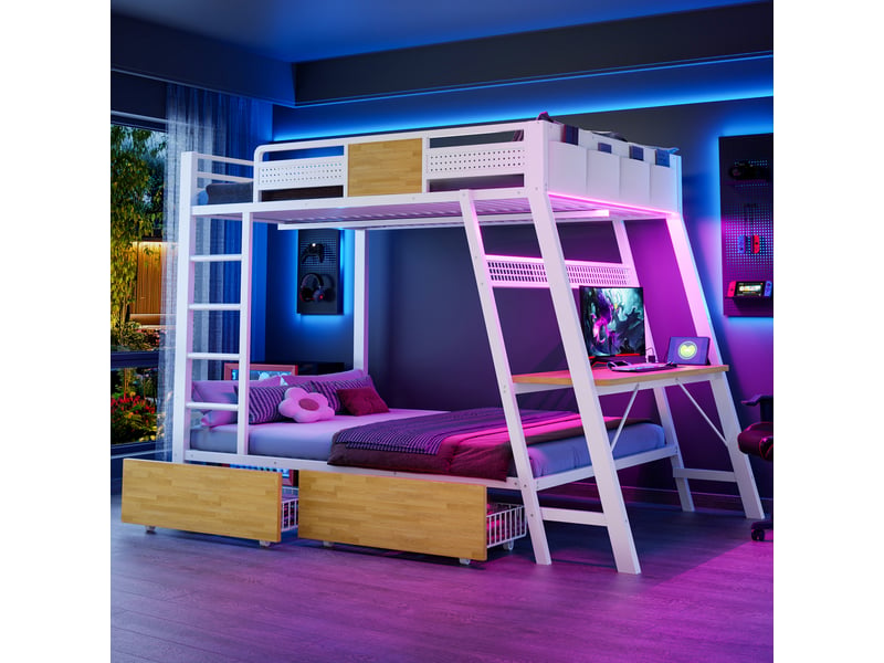  Lit superposé 140×200 cm – avec prise électrique – ports usb et type-c inclus – bandeau led inclus – blanc (matelas non inclus)  - Conforama W