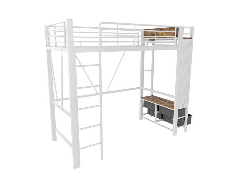  Lit mezzanine blanc 90x200 cm avec 4 tiroirs, étagères, led, usb et type-c  - Conforama E