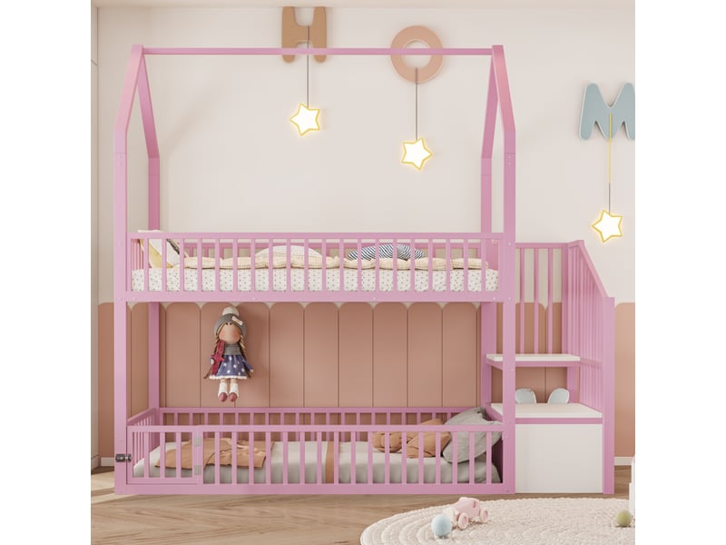  Lit superposé cabane enfant 90 x 200 cm avec escalier de rangement, garde-corps et petite porte sur le lit inférieur en métal rose sans matelas  - Conforama C
