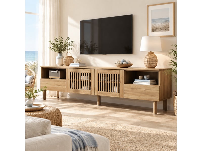  Meuble tv 180 x 40 x 51 cm en mdf bois naturel avec 2 portes et 2 tiroirs  - Conforama C
