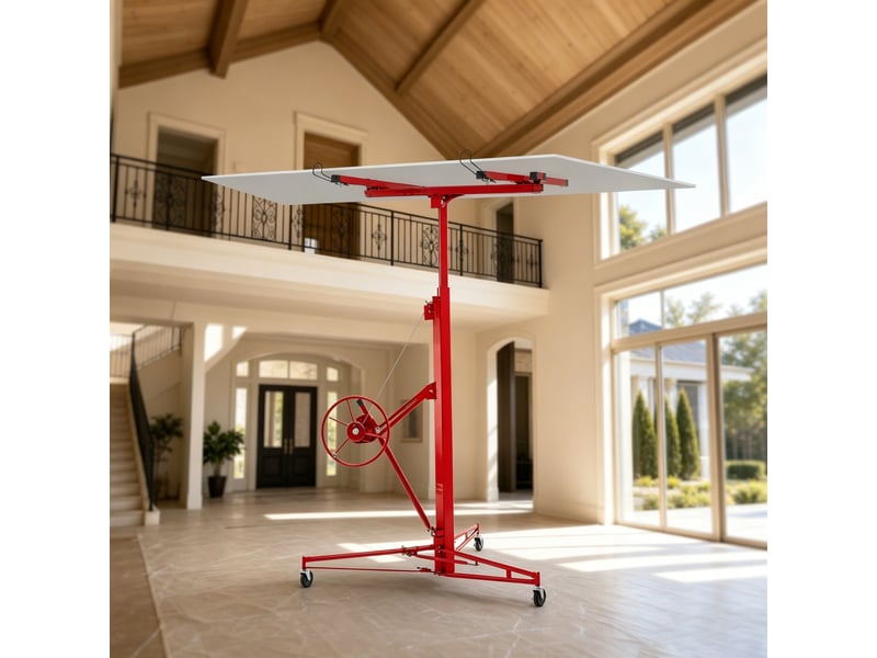 Lève-panneaux réglable 124 x 137 x 180 cm rouge en acier, treuil manuel et charge maximale de 68 kg - Conforama B