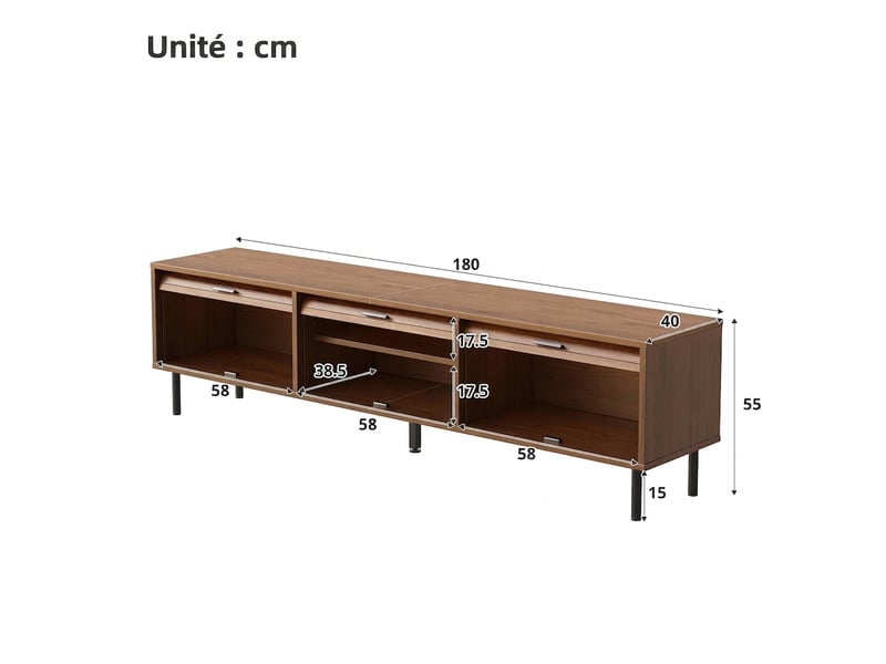  Meuble tv noyer 180 cm portes coulissantes pieds métal noir  - Conforama C