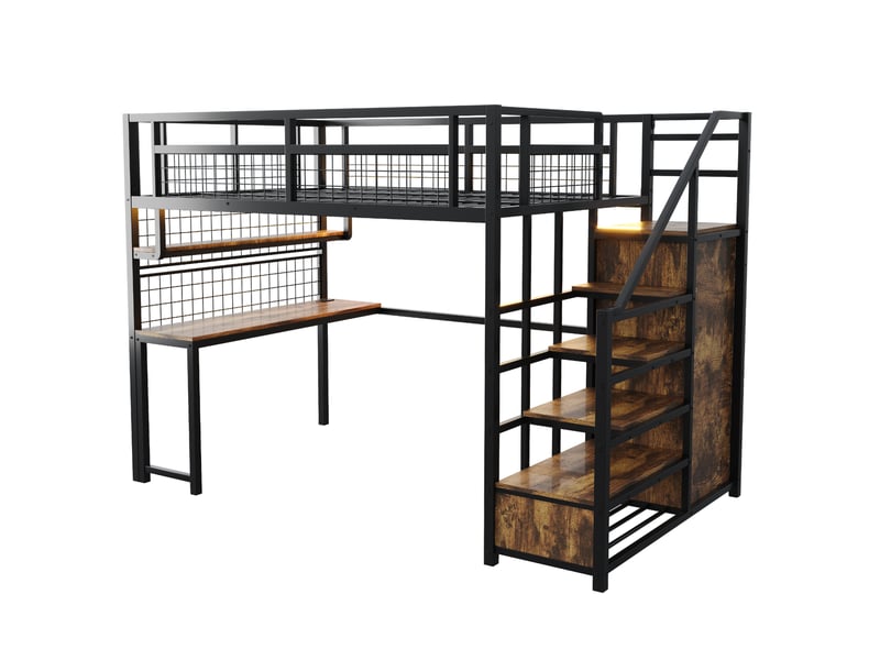 Lit adulte mezzanine 140x200 cm – noir – escalier de rangement, bureau, armoire, éclairage et prises - Conforama D