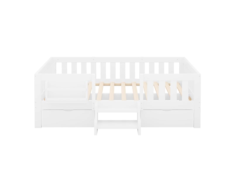  Lit enfant 140x200 cm avec 2 tiroirs, garde-corps, bibliothèque et escalier à 2 marches blanc Fay Lum - Conforama D