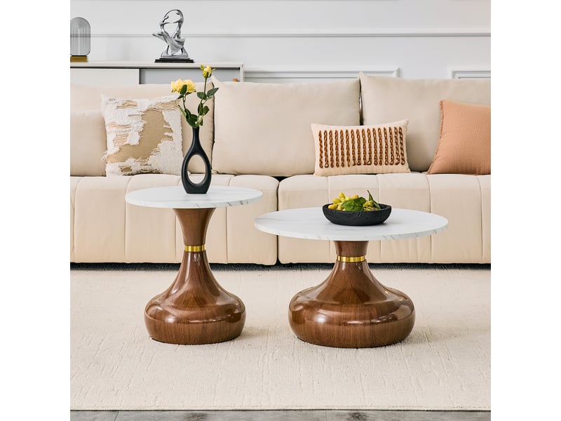 Set 2 tables basses rondes effet marbre - base sablier noyer - design luxueux - salonchambre  - Conforama B