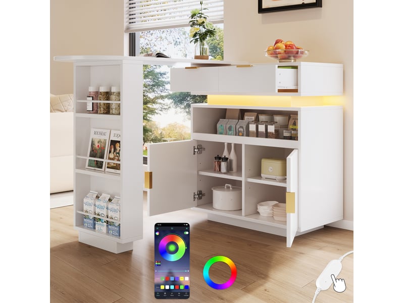  Console extensible avec rangements, étagères réglables, led et plateau pivotant pour cuisine et salle à manger, blanc  - Conforama C