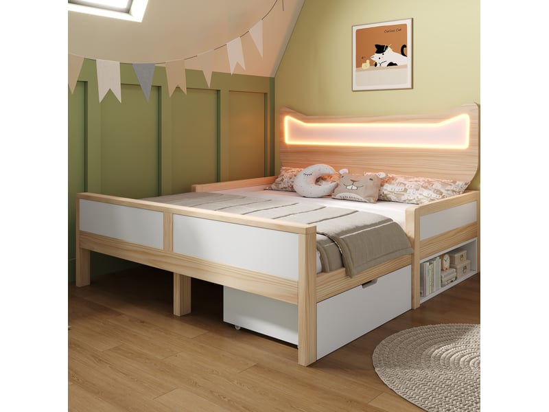 Lit enfant 140x200 cm avec led rgb, barrières et tiroir réversible, blanc et chêne - Conforama E